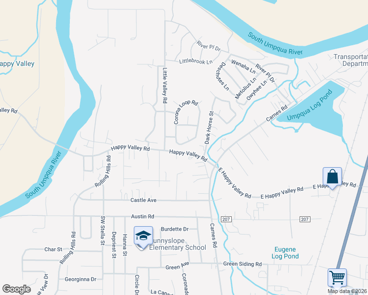 map of restaurants, bars, coffee shops, grocery stores, and more near 136 Corona Loop Road in Roseburg