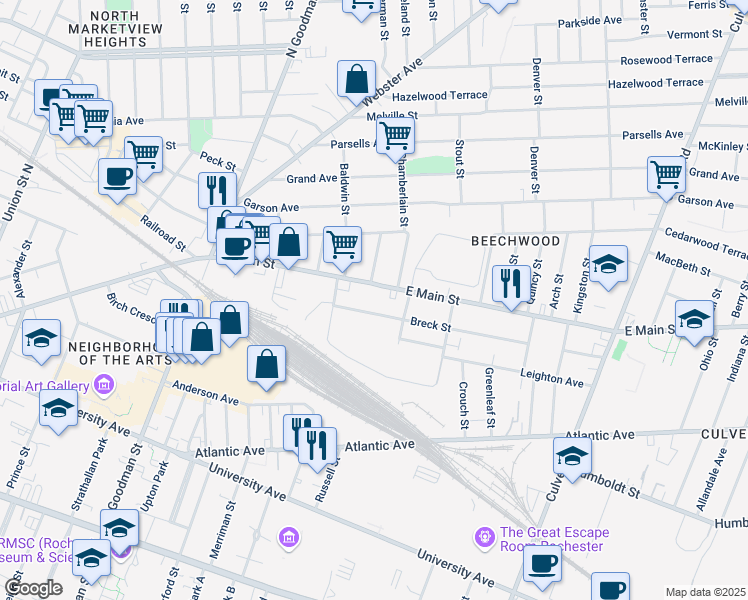 map of restaurants, bars, coffee shops, grocery stores, and more near 1307 East Main Street in Rochester