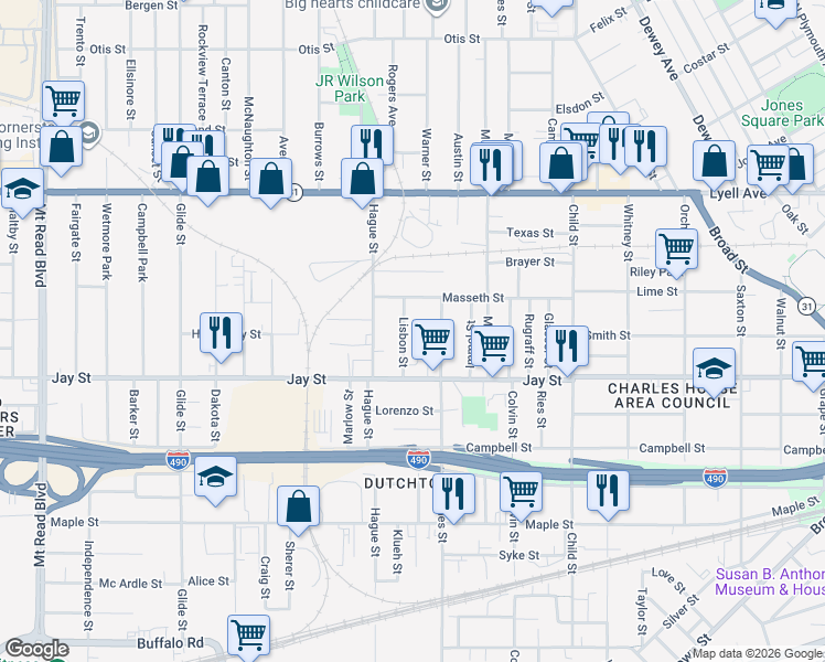 map of restaurants, bars, coffee shops, grocery stores, and more near 531 Ames Street in Rochester