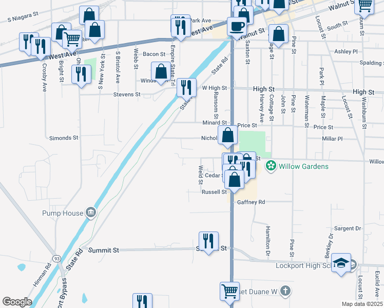 map of restaurants, bars, coffee shops, grocery stores, and more near 115 Willow Street in Lockport