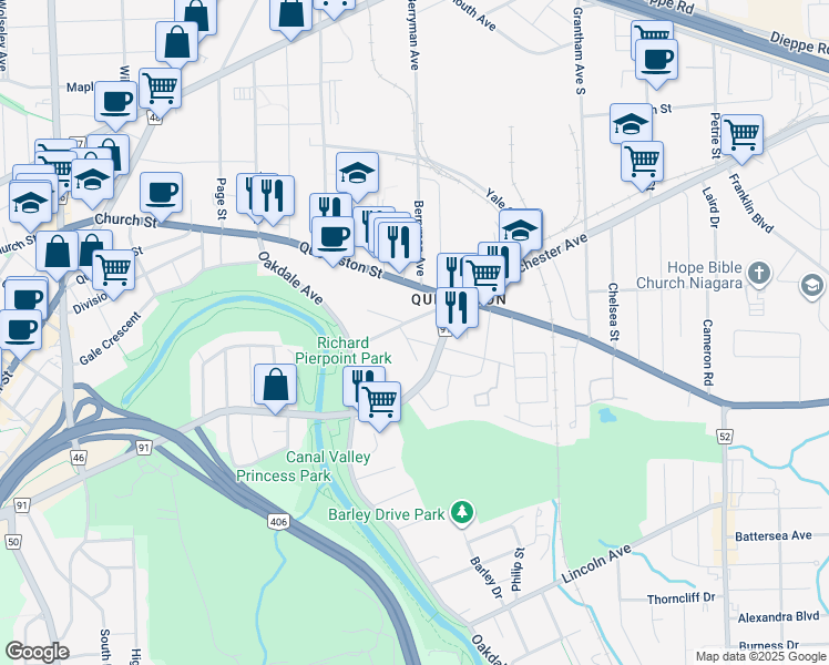 map of restaurants, bars, coffee shops, grocery stores, and more near 2 Herrick Avenue in St. Catharines