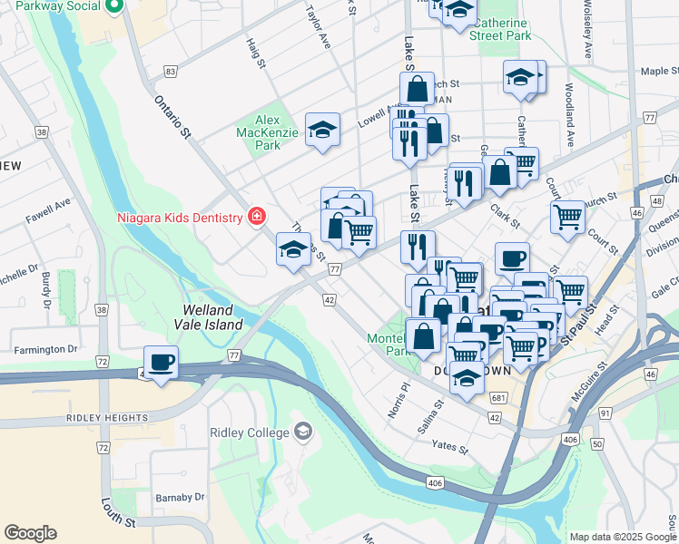 map of restaurants, bars, coffee shops, grocery stores, and more near 18 Regional Road 77 in St. Catharines
