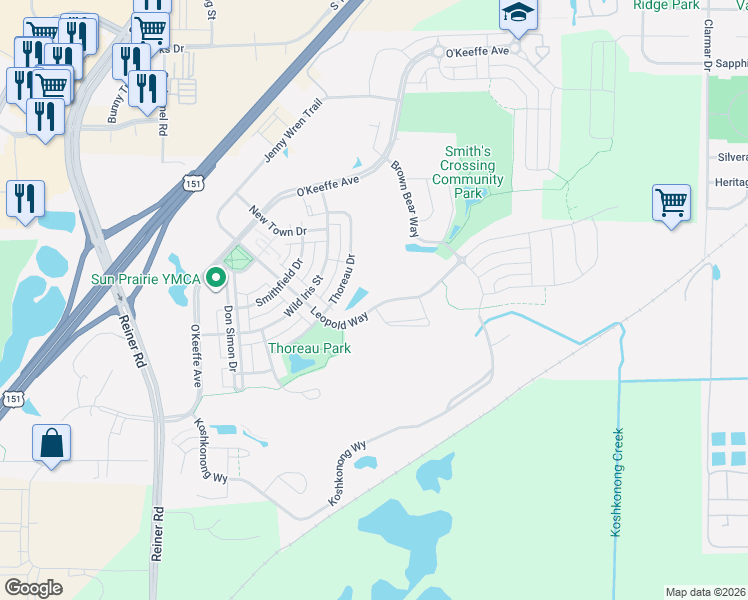 map of restaurants, bars, coffee shops, grocery stores, and more near 1445 Thoreau Drive in Sun Prairie