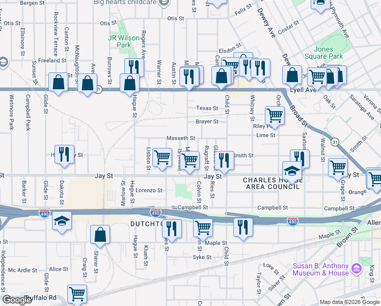 map of restaurants, bars, coffee shops, grocery stores, and more near 511 Colvin Street in Rochester