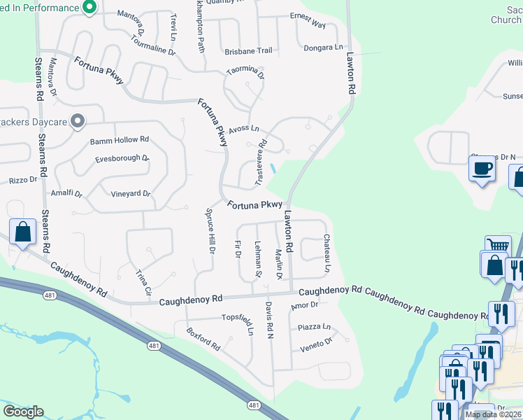 map of restaurants, bars, coffee shops, grocery stores, and more near 5531 Fortuna Pkwy in Clay