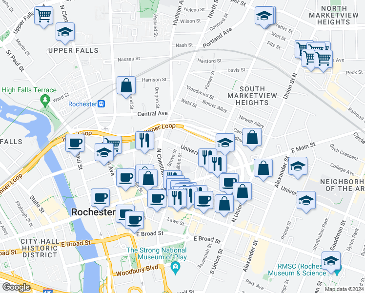 map of restaurants, bars, coffee shops, grocery stores, and more near University Avenue & Gibbs Street in Rochester