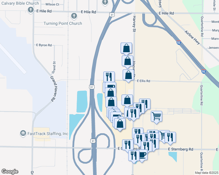 map of restaurants, bars, coffee shops, grocery stores, and more near 5057 Harvey Street in Muskegon