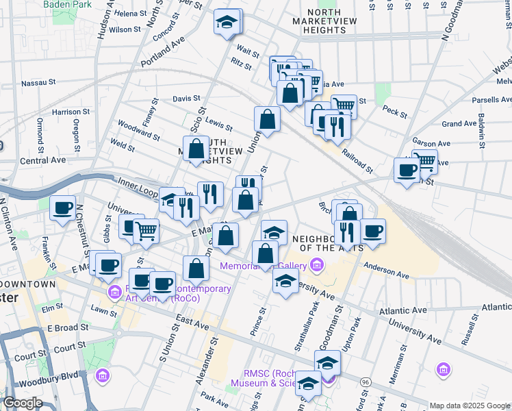 map of restaurants, bars, coffee shops, grocery stores, and more near in Rochester