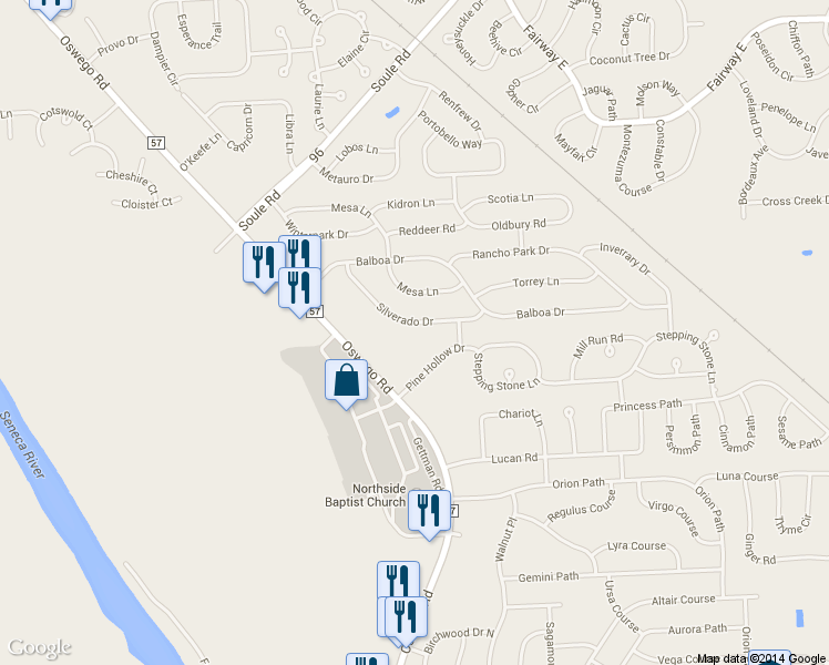 map of restaurants, bars, coffee shops, grocery stores, and more near 4116 Silverado Drive in Liverpool