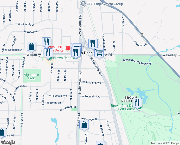 map of restaurants, bars, coffee shops, grocery stores, and more near 4121 West Woodale Avenue in Brown Deer