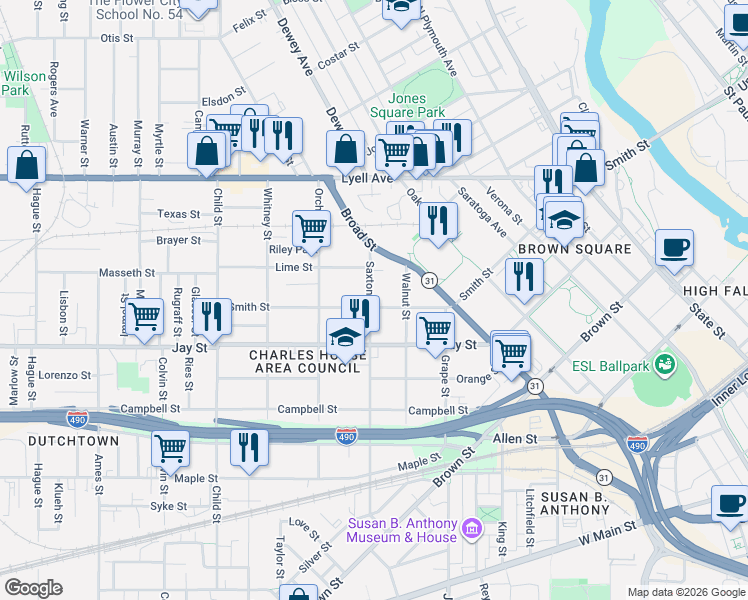 map of restaurants, bars, coffee shops, grocery stores, and more near 335 Saxton Street in Rochester