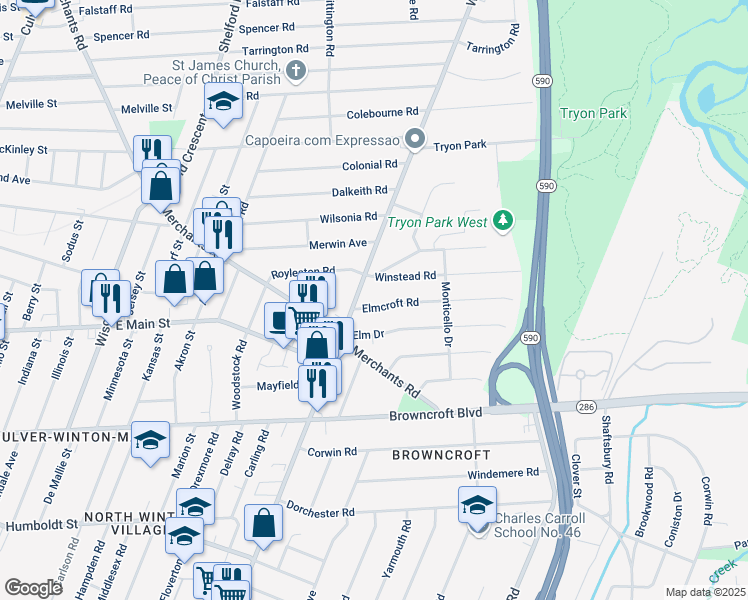 map of restaurants, bars, coffee shops, grocery stores, and more near 56 Elmcroft Road in Rochester