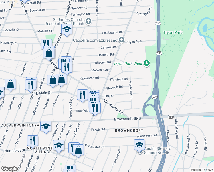 map of restaurants, bars, coffee shops, grocery stores, and more near 805 Winton Road North in Rochester