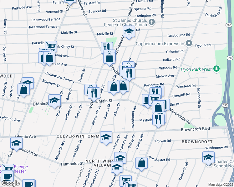 map of restaurants, bars, coffee shops, grocery stores, and more near 735 Cedarwood Terrace in Rochester