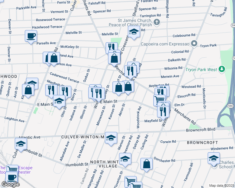 map of restaurants, bars, coffee shops, grocery stores, and more near 735 Cedarwood Terrace in Rochester