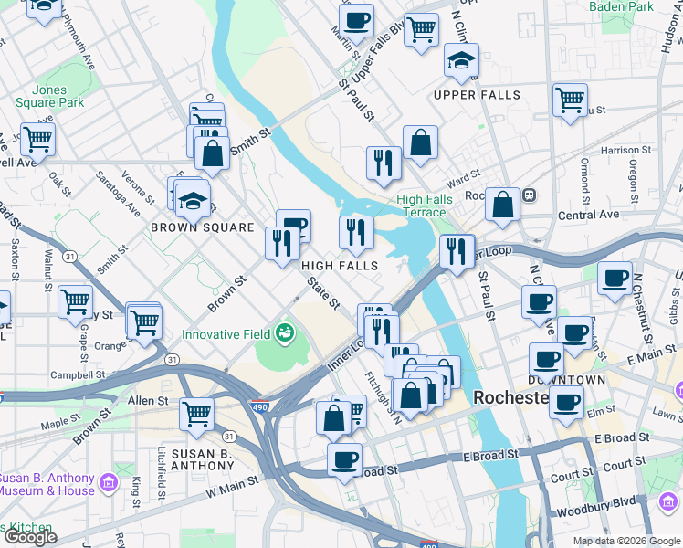 map of restaurants, bars, coffee shops, grocery stores, and more near 236 Mill Street in Rochester