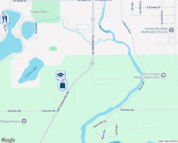 map of restaurants, bars, coffee shops, grocery stores, and more near 9159 Southwest Greenville Road in Greenville