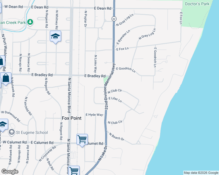 map of restaurants, bars, coffee shops, grocery stores, and more near 7880 North Club Circle in Fox Point
