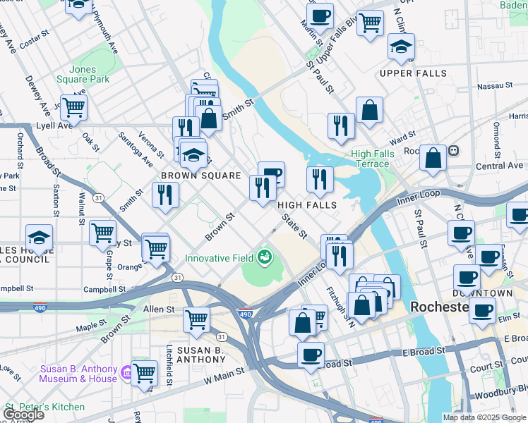 map of restaurants, bars, coffee shops, grocery stores, and more near 343 State Street in Rochester