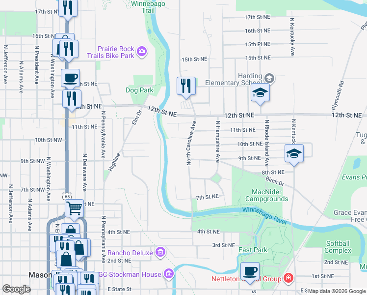 map of restaurants, bars, coffee shops, grocery stores, and more near 922 North Carolina Avenue in Mason City