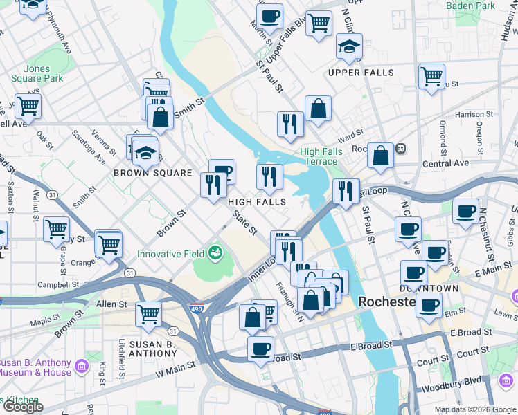 map of restaurants, bars, coffee shops, grocery stores, and more near 236 Mill Street in Rochester
