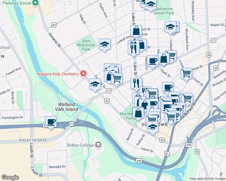 map of restaurants, bars, coffee shops, grocery stores, and more near 18 Regional Road 77 in St. Catharines