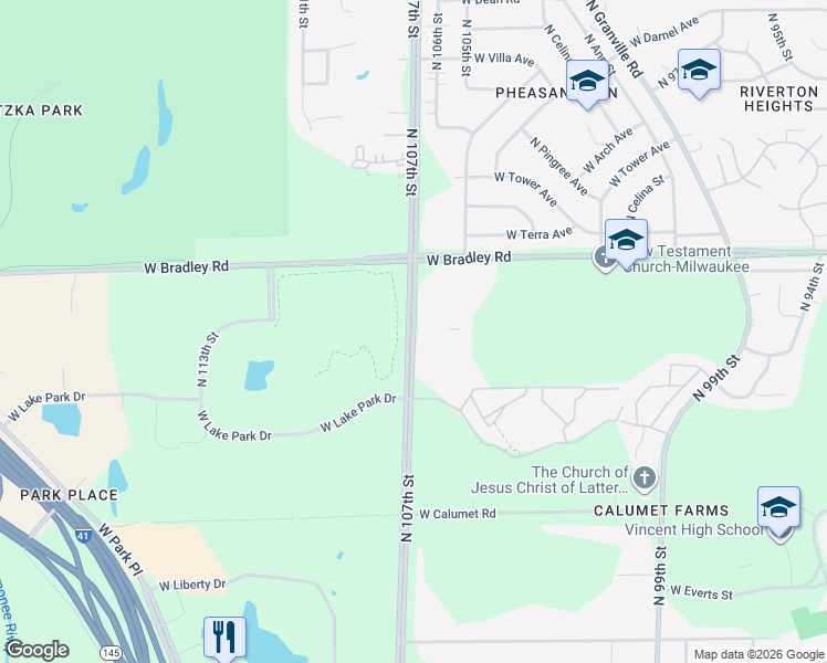 map of restaurants, bars, coffee shops, grocery stores, and more near 7900 North 107th Street in Milwaukee