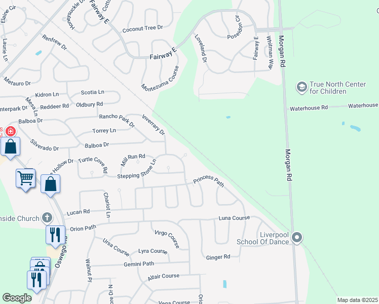 map of restaurants, bars, coffee shops, grocery stores, and more near 8073 White Birch Circle in Liverpool