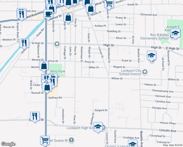 map of restaurants, bars, coffee shops, grocery stores, and more near 419 Willow Street in Lockport