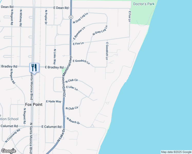 map of restaurants, bars, coffee shops, grocery stores, and more near 1441 East Goodrich Court in Fox Point