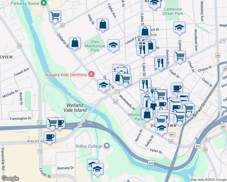 map of restaurants, bars, coffee shops, grocery stores, and more near in St. Catharines