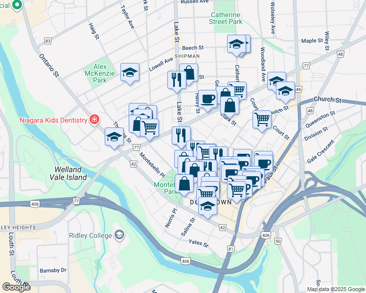 map of restaurants, bars, coffee shops, grocery stores, and more near 50 Lake Street in St. Catharines