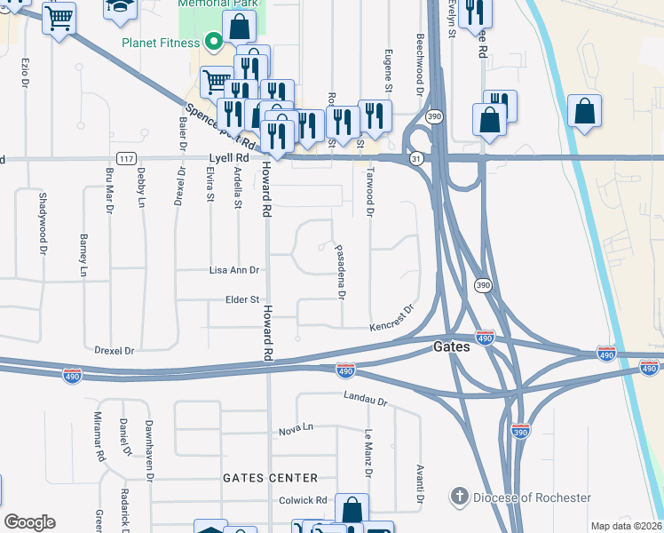 map of restaurants, bars, coffee shops, grocery stores, and more near 15 Fairchild Rd in Rochester