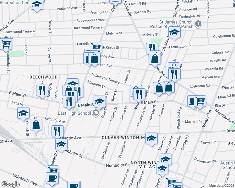 map of restaurants, bars, coffee shops, grocery stores, and more near 60 Berry Street in Rochester