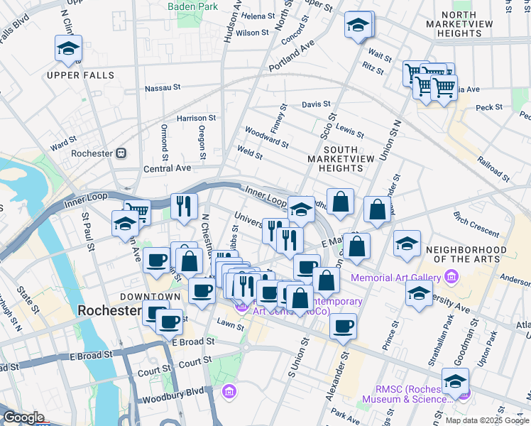 map of restaurants, bars, coffee shops, grocery stores, and more near 114 University Avenue in Rochester