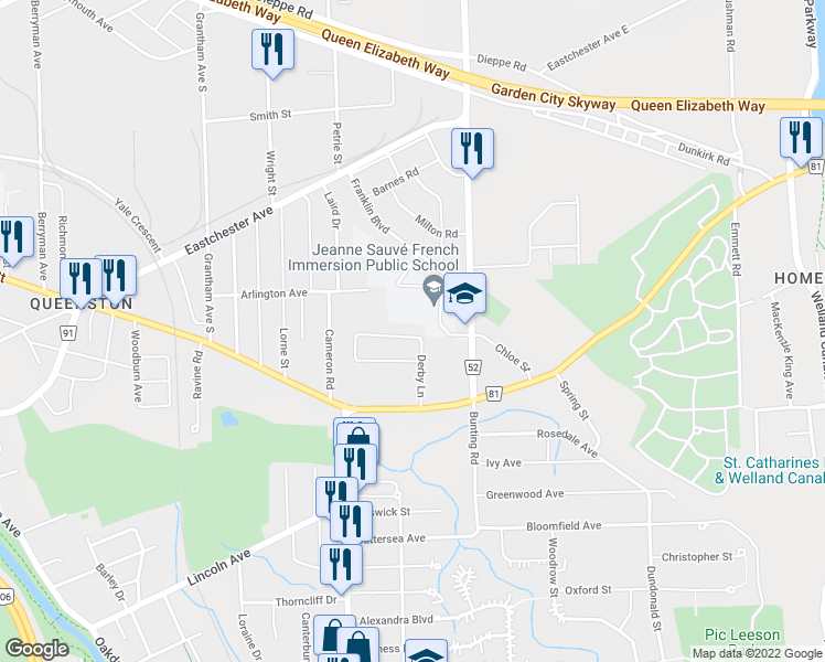 map of restaurants, bars, coffee shops, grocery stores, and more near 5 Shetland Crescent in St. Catharines