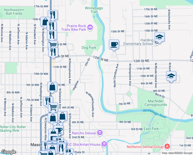 map of restaurants, bars, coffee shops, grocery stores, and more near 411 10th Street Northeast in Mason City