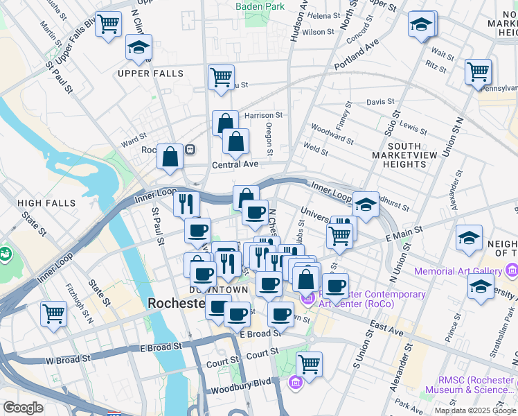 map of restaurants, bars, coffee shops, grocery stores, and more near 397 Andrews Street in Rochester
