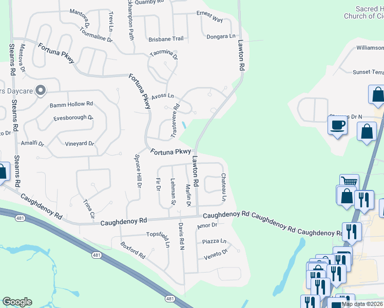 map of restaurants, bars, coffee shops, grocery stores, and more near 5539 Fortuna Parkway in Clay