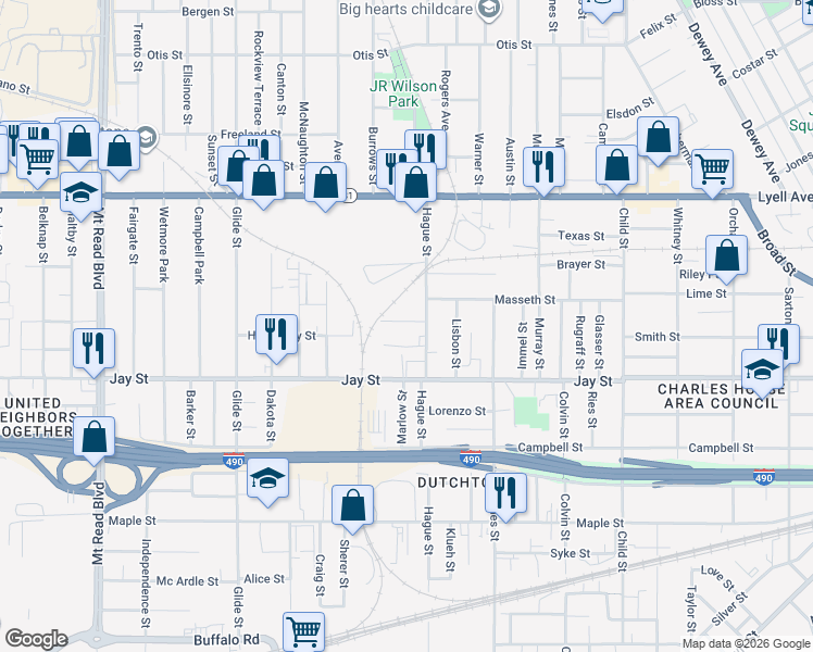 map of restaurants, bars, coffee shops, grocery stores, and more near 23 Potter Street in Rochester