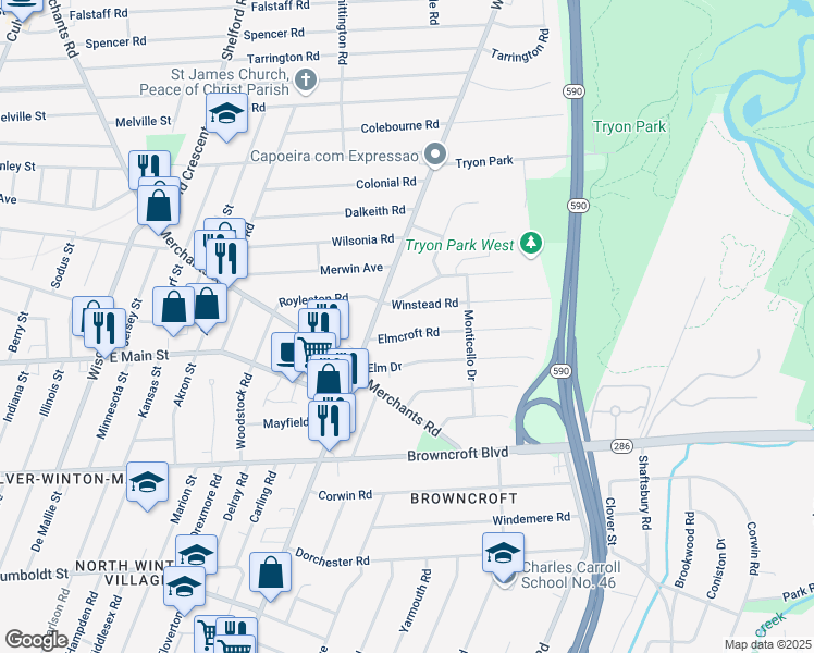 map of restaurants, bars, coffee shops, grocery stores, and more near 56 Elmcroft Road in Rochester