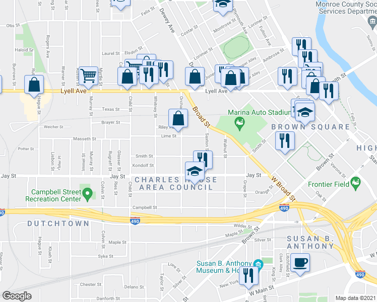 map of restaurants, bars, coffee shops, grocery stores, and more near 718 Smith Street in Rochester