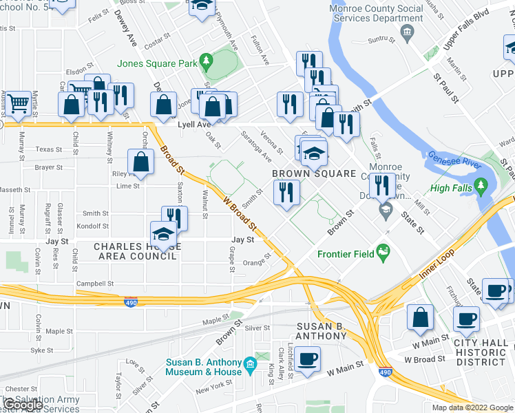 map of restaurants, bars, coffee shops, grocery stores, and more near 511 Smith Street in Rochester
