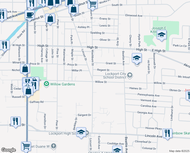 map of restaurants, bars, coffee shops, grocery stores, and more near 477 Washburn Street in Lockport