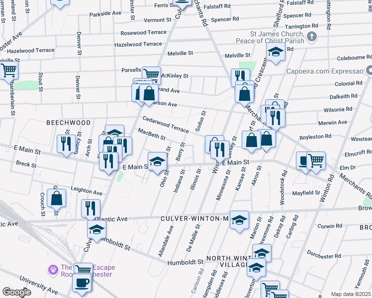 map of restaurants, bars, coffee shops, grocery stores, and more near 60 Berry Street in Rochester