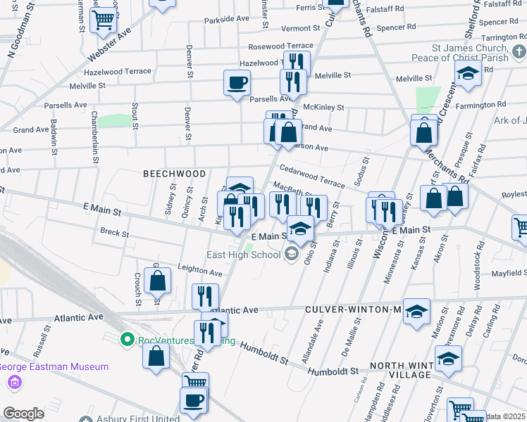 map of restaurants, bars, coffee shops, grocery stores, and more near 884 Culver Road in Rochester