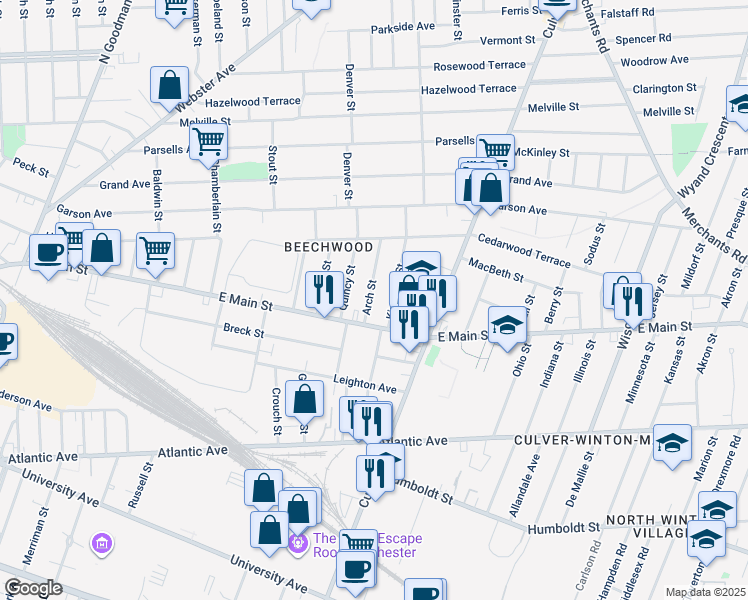 map of restaurants, bars, coffee shops, grocery stores, and more near 47 Kingston Street in Rochester