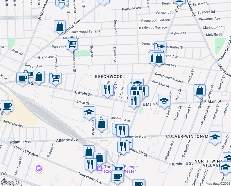 map of restaurants, bars, coffee shops, grocery stores, and more near 30 Quincy Street in Rochester