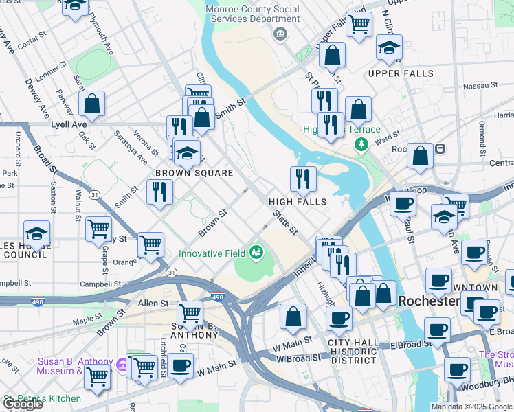 map of restaurants, bars, coffee shops, grocery stores, and more near 321 State Street in Rochester