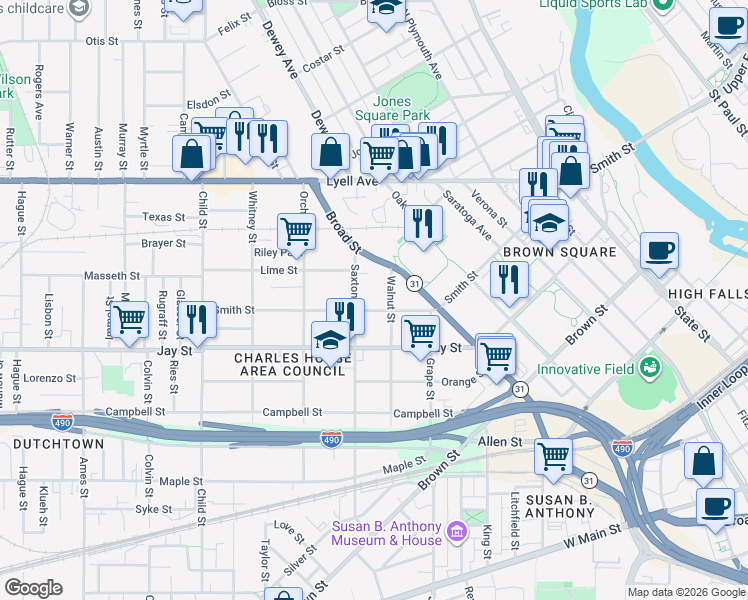 map of restaurants, bars, coffee shops, grocery stores, and more near 91 Walnut Street in Rochester